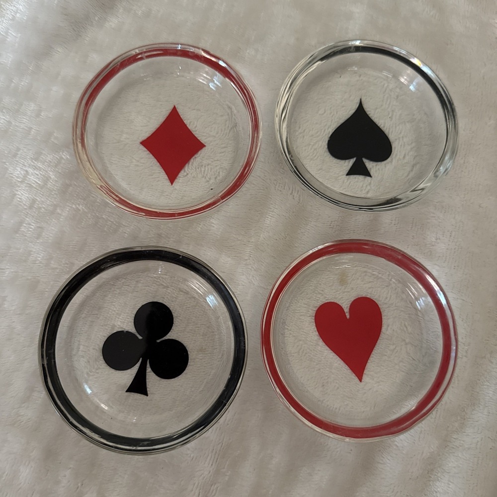 SET 4 GLASS SPADE HEART CLUB DIAMOND PLAYING CARD SUIT COASTERS